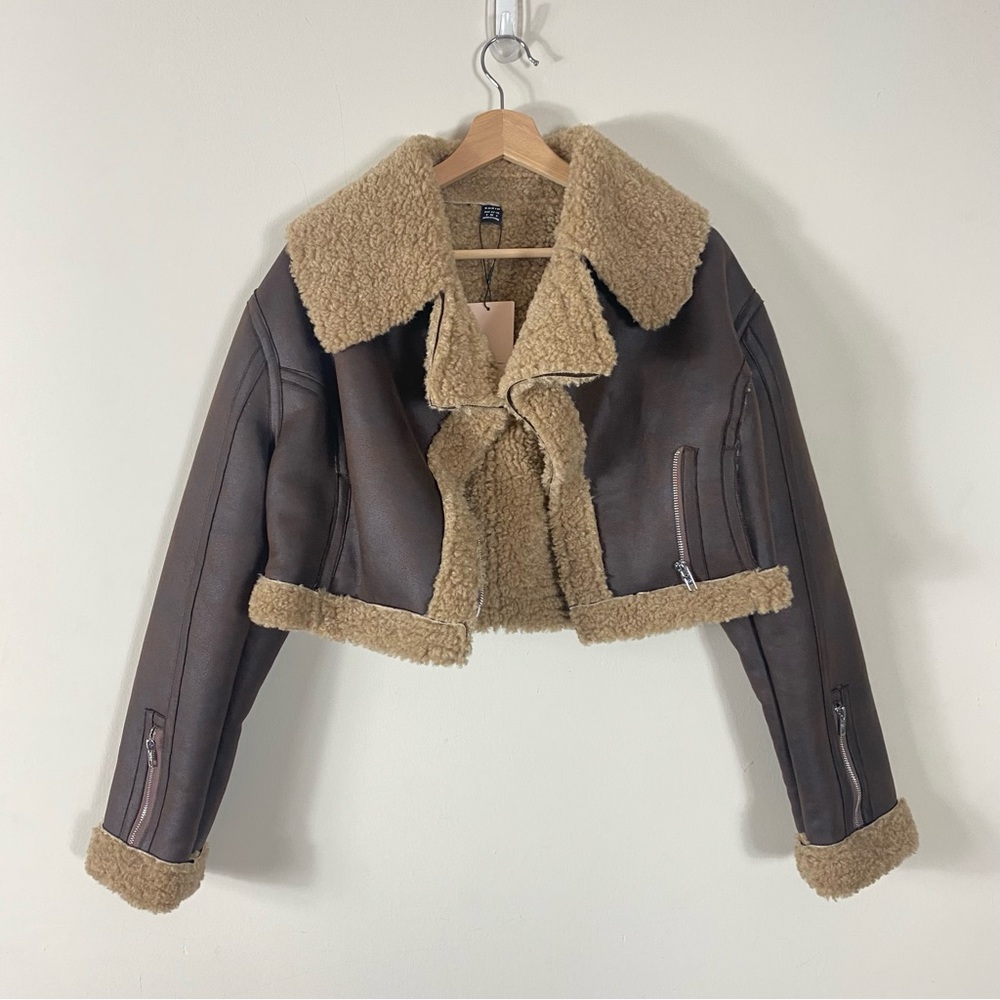 SHEIN X Carly Lawrence Khaki Fluffy Faux Shearling Jacket Brown - US 4/S - Picture 7 of 16